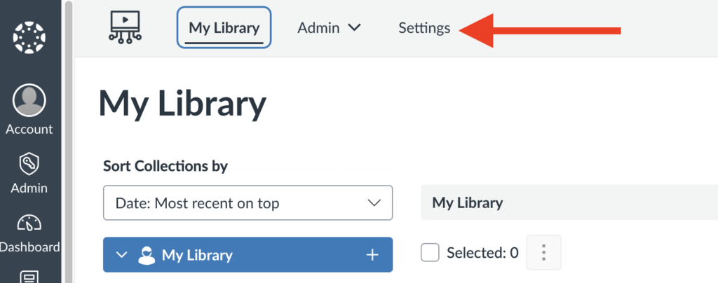 A screenshot of Canvas studio menu options. An arrow points to the Settings option